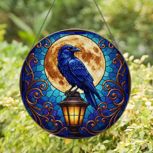 Deep Blue Raven Glowing Red Eyes Gas Lamp Luminous Full Moon Night Sky Mosaic Art Stained Glass Suncatcher
