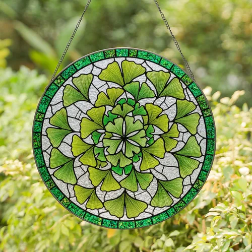 Ginkgo Biloba Leaves Stained Glass Tiffany Mosaic Decor - Botanical Green Art Stained Glass Suncatcher