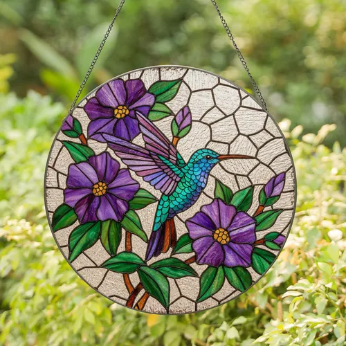 Stained Glass Hummingbird Purple Flowers & Green Leaves - Tiffany Jewel Tones Design Stained Glass Suncatcher