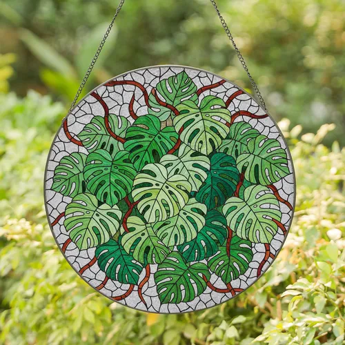 Monstera Leaves Stained Glass - Distinctive Split Leaf Tropical Botanical Mosaic Art Stained Glass Suncatcher