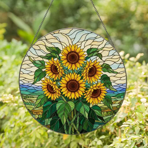 Sunflowers Tiffany Stained Glass Mosaic Landscape Countryside View Edge-to-Edge Stained Glass Suncatcher