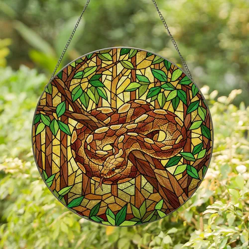 Intricate Coiled Python Stained Glass Tiffany Art - Forest Mosaic Dappled Sunlight Stained Glass Suncatcher