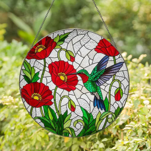 Ruby-throated Iridescent Hummingbird Red Poppy Tiffany Style Stained Glass Mosaic Art Stained Glass Suncatcher