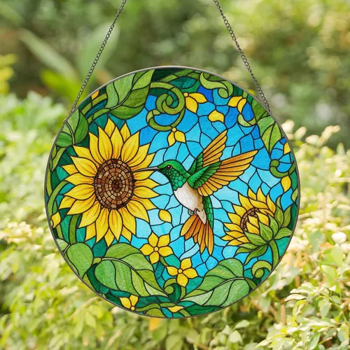 Tiffany Stained Glass Green Hummingbird Sunflower Mosaic - Blue Sky & Green Foliage Detail Stained Glass Suncatcher