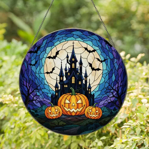 Jack-o'-lantern Haunted Castle Full Moon Bats - Tiffany Stained Glass Halloween Decor Stained Glass Suncatcher