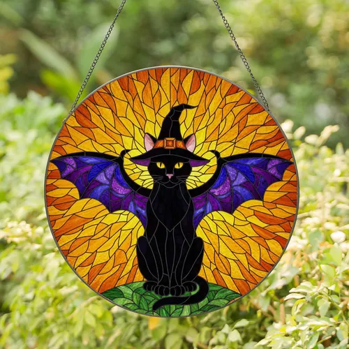Black Cat Witch Hat Bat Wings Stained Glass - Glowing Sun Mosaic Jewel Tones Stained Glass Suncatcher