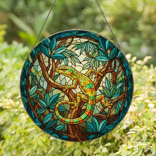 Vibrant Gecko Climbing Branches Tropical Jungle Foliage Tiffany Stained Glass Artwork Stained Glass Suncatcher