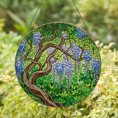 Tiffany Style Wisteria Vine Stained Glass Flowers - Lush Garden Nature Decor Stained Glass Suncatcher