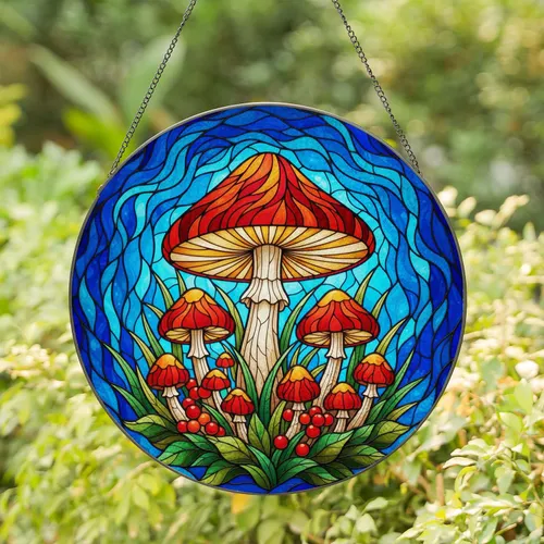 Mushroom Red Cap Intricate Tiffany Stained Glass Mosaic - Berries Foliage Blue Teal Sky Stained Glass Suncatcher