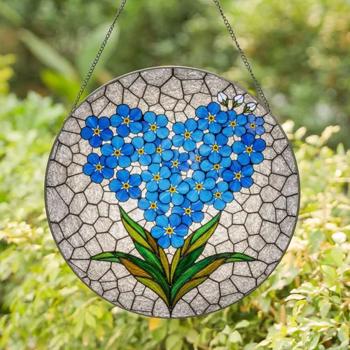 Blue Forget-Me-Not Heart Tiffany Stained Glass Flower Mosaic with Jewel Tones & Leaves Stained Glass Suncatcher