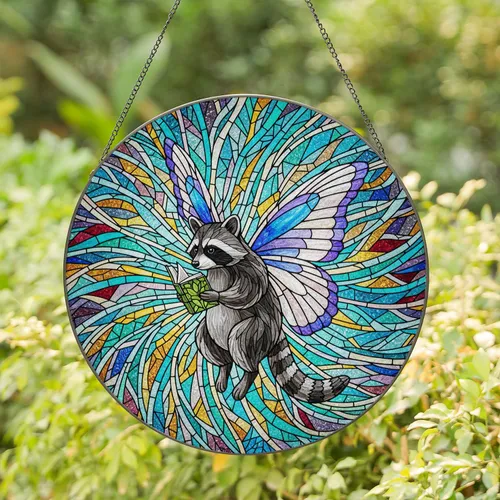 Raccoon Reading Book Butterfly Wings Stained Glass Tiffany Mosaic Celestial Decor Stained Glass Suncatcher