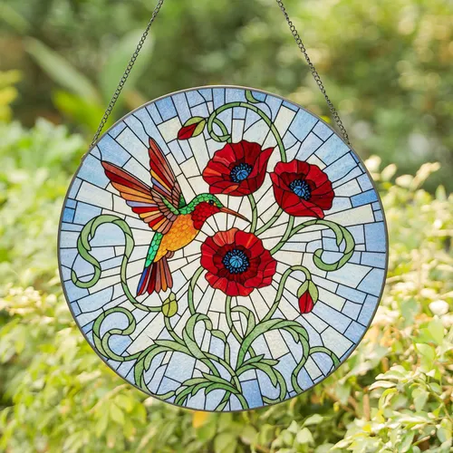 Hummingbird & Poppy Stained Glass Suncatcher - Detailed Tiffany Mosaic Art Jewel Tones
