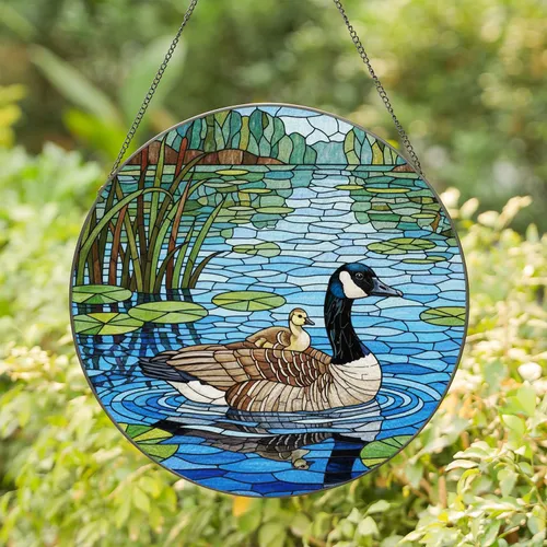 Canada Goose Gosling Stained Glass Pond Mosaic Artwork - Detailed Tiffany Scenery Gift Stained Glass Suncatcher
