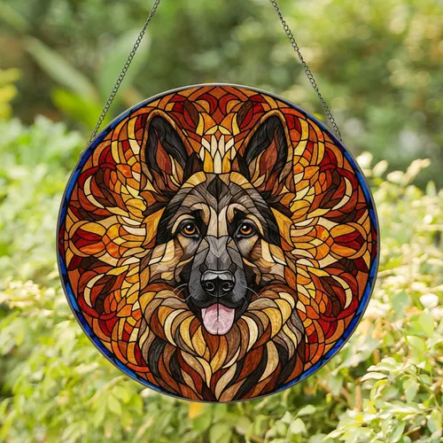 German Shepherd Stained Glass Mosaic – Tiffany Style Swirling Jewel Tone Dog Decor Stained Glass Suncatcher