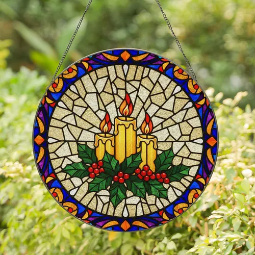 Glowing Pillar Candles Holly Berries Mosaic - Tiffany Style Translucent Home Decor Art Stained Glass Suncatcher
