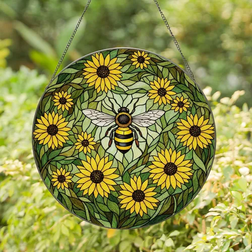 Detailed Honeybee Sunflower Foliage Tiffany Glass - Nature Lover Home Window Decor Gift Stained Glass Suncatcher