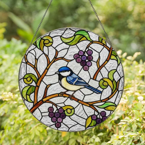 Tiffany Stained Glass Titmouse Chickadee Bird Purple Berries Branch Mosaic Art Decor Stained Glass Suncatcher