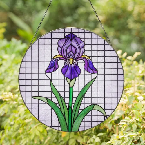 Blooming Iris Flower Stained Glass Mosaic - Tiffany Style Purple Jewel Tone Window Art Stained Glass Suncatcher
