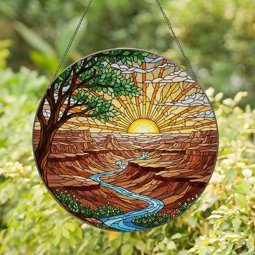 Tiffany Stained Glass Setting Sun Canyon Landscape - Intricate River Tree Mosaic Art Stained Glass Suncatcher