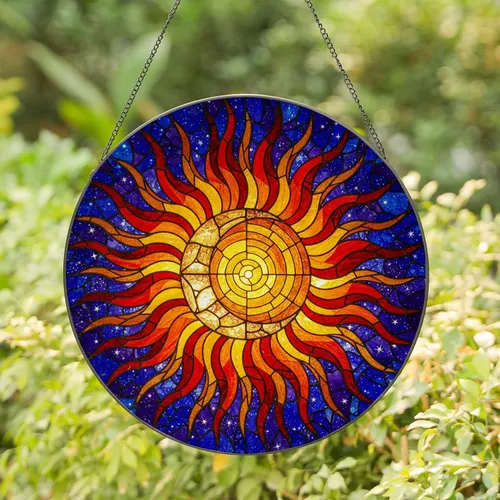 Stained Glass Crescent Moon Eclipsing Sun Cosmic Sky Radiant Tiffany Jewel Tones Stained Glass Suncatcher