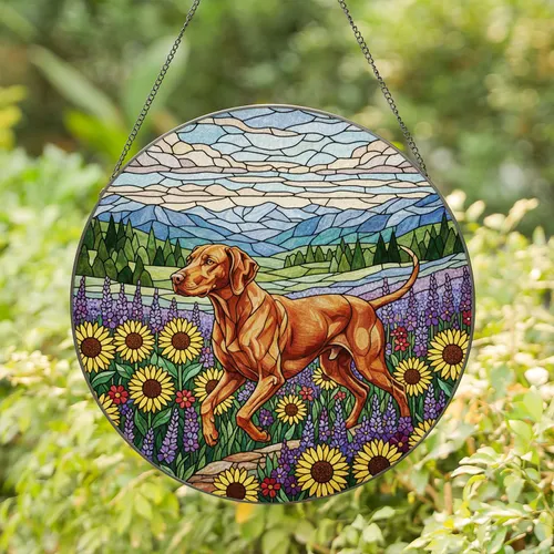Intricate Stained Glass Vizsla Dog Sunflowers Lavender Mountain Landscape Jewel Tones Stained Glass Suncatcher