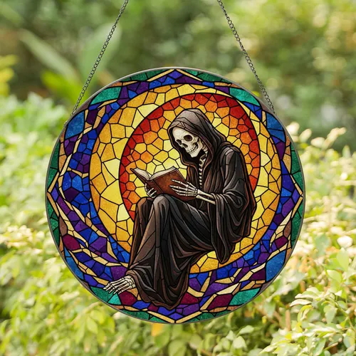 Stained Glass Skeletal Figure Reading Book Crescent Moon Mosaic Tiffany Style Colorful Stained Glass Suncatcher