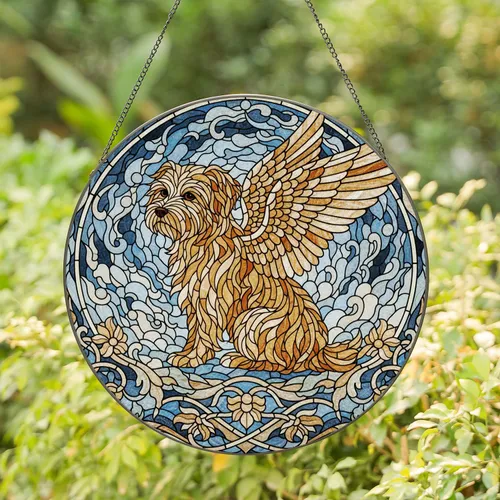 Shaggy Winged Dog Celestial Stained Glass - Glowing Jewel Tone Intricate Fur Stained Glass Suncatcher