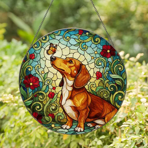 Dachshund Dog Butterfly Stained Glass Suncatcher Art - Tiffany Style Window Decor Gift for Dog Lovers