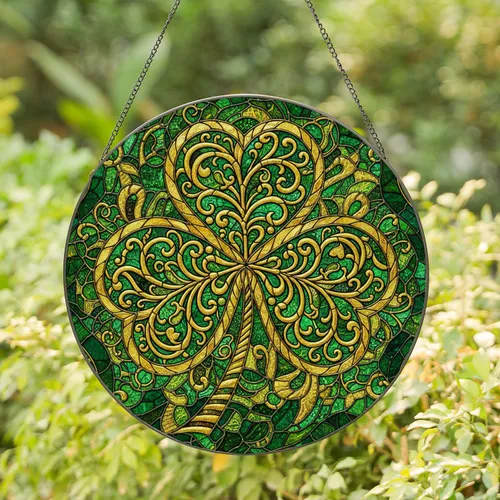 Tiffany Style Shamrock Stained Glass - Emerald Green Gold Filigree Mosaic Swirling Vines Stained Glass Suncatcher