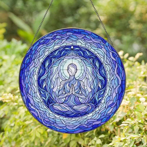 Meditative Figure Stained Glass Tiffany Art Ethereal Aura Celestial Mosaic Jewel Tones Stained Glass Suncatcher