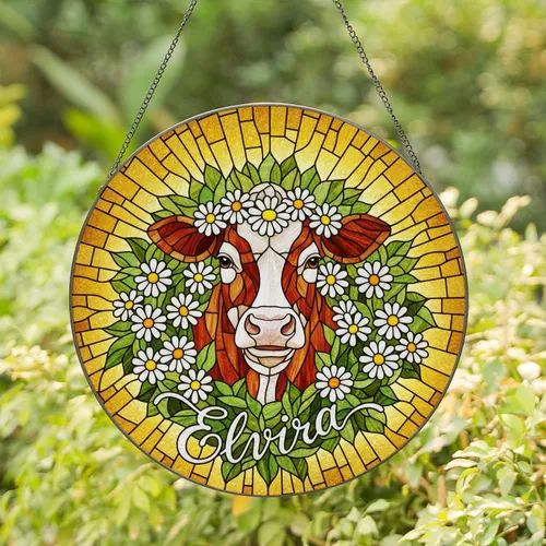 Cow Head Daisy Garland Elvira Name Stained Glass Tiffany Mosaic Art Amber Gold Stained Glass Suncatcher