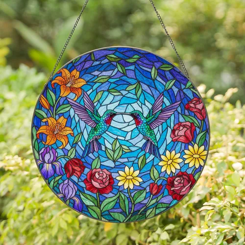 Hummingbirds Flowers Stained Glass Mosaic Art - Tiffany Style Glowing Jewel Tones Stained Glass Suncatcher