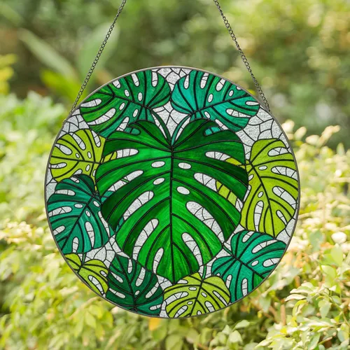 Monstera Deliciosa Stained Glass Mosaic Art – Vibrant Green Teal Tropical Window Decor Stained Glass Suncatcher