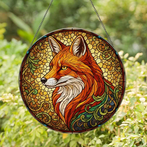 Red Fox Head Stained Glass Tiffany Mosaic - Jewel Tones Dappled Light Foliage Art Stained Glass Suncatcher