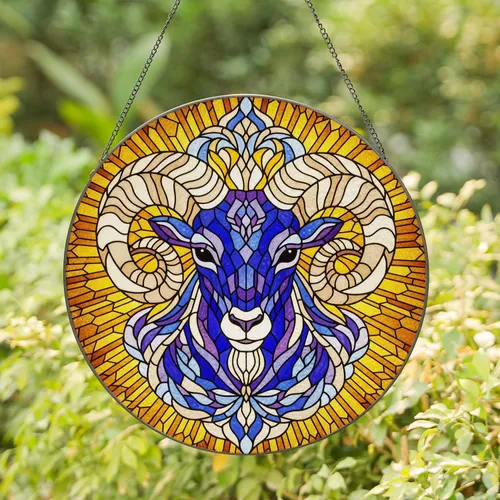 Intricate Ram Head Stained Glass Mosaic Tiffany Art - Curled Horns Blue Purple Gold Stained Glass Suncatcher