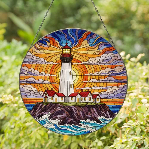 Stained Glass Lighthouse Sunset Ocean Waves - Rocky Cliff Nautical Coastal Home Decor Gift Stained Glass Suncatcher