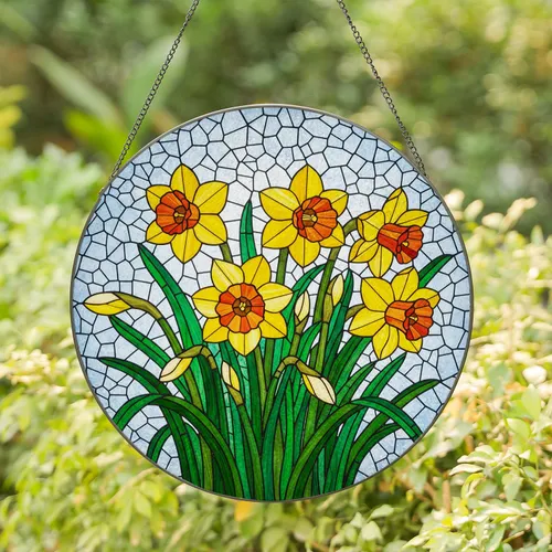 Blooming Daffodil Bouquet Stained Glass Mosaic - Glowing Detailed Translucent Tiffany Art Stained Glass Suncatcher