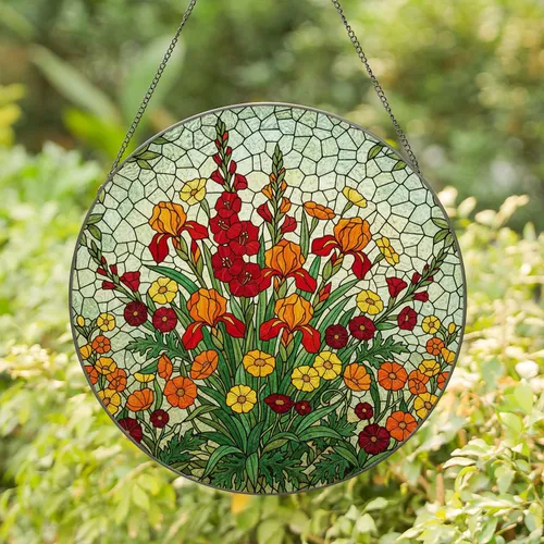 Tiffany Style Stained Glass Flower Mosaic - Jewel Tone Bouquet Dappled Sunlight Design Stained Glass Suncatcher