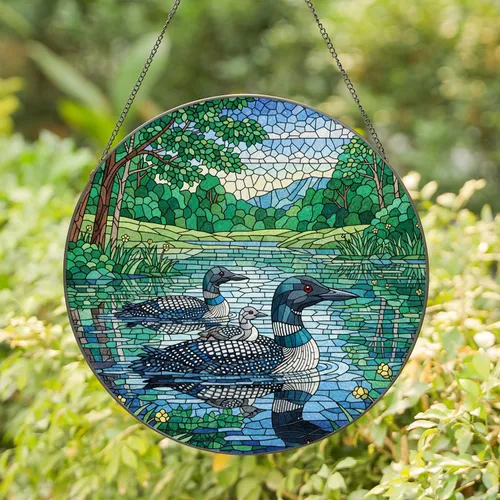 Loon with Chick Stained Glass Mosaic Lake Pond Nature Scene Tiffany Style Jewel Tones Stained Glass Suncatcher