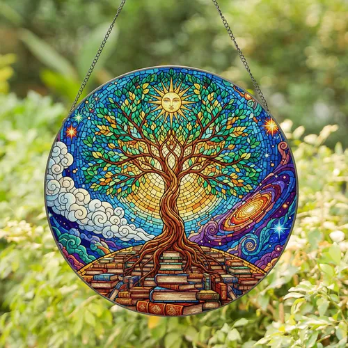 Stained Glass Tree of Life Sun Books Cosmic Nebula - Intricate Tiffany Style Art Stained Glass Suncatcher