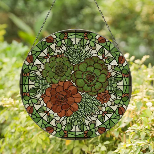 Stained Glass Succulent Plant Mosaic - Tiffany Style Echeveria Haworthia Moss Green Art Stained Glass Suncatcher