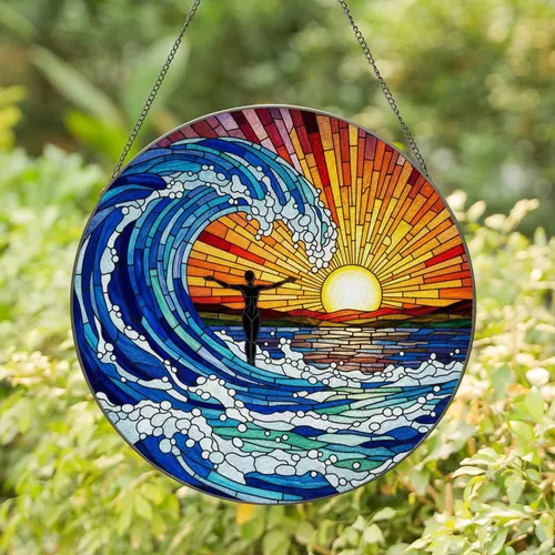 Person in Ocean Wave Sunset Stained Glass Art - Intricate Mosaic Jewel Tones Decor Stained Glass Suncatcher
