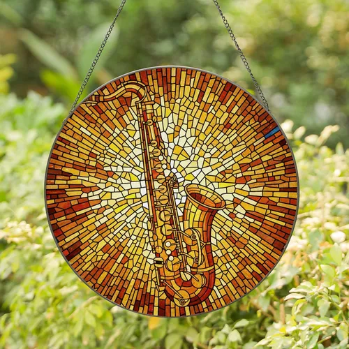 Intricate Saxophone Stained Glass Tiffany Style Mosaic - Jewel Tone Music Lover Gift Stained Glass Suncatcher