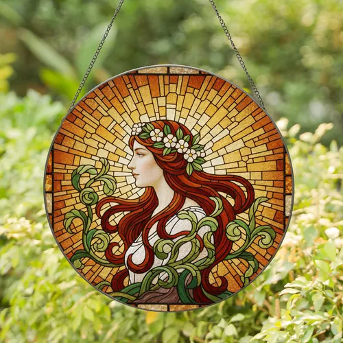 Stained Glass Woman Profile Auburn Hair Floral Wreath Emerald Amber Mosaic Art Stained Glass Suncatcher