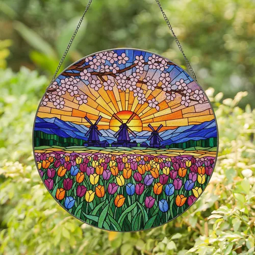 Dutch Windmills Tulip Field Sunset Cherry Blossoms - Jewel Tone Stained Glass Decor Stained Glass Suncatcher
