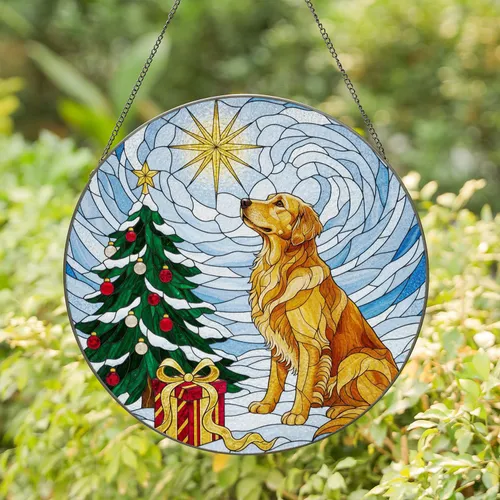 Golden Retriever Stained Glass Christmas Tree Mosaic - Winter Holiday Gift Stained Glass Suncatcher