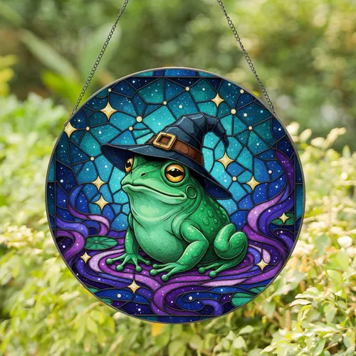Green Frog Witch Hat Stained Glass Celestial Night Sky Mosaic Stars Purple Swirls Decor Stained Glass Suncatcher