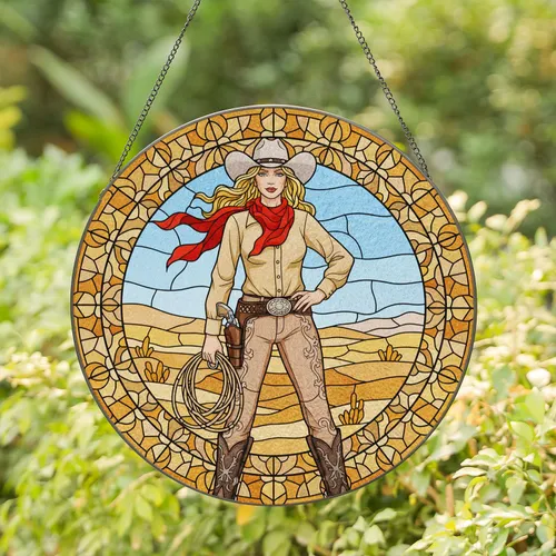 Blonde Cowgirl Western Stained Glass Art - Tiffany Style Desert Mosaic Pistol Lasso Stained Glass Suncatcher