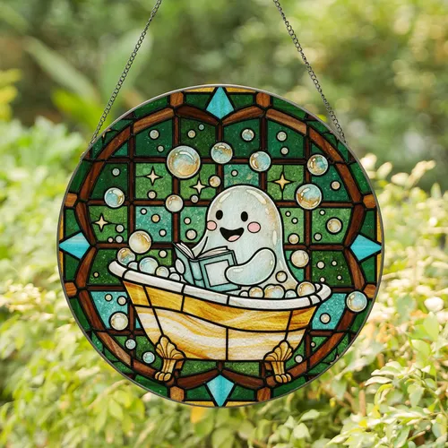 Stained Glass Ghost Reading Book in Bathtub with Bubbles & Stars - Glowing Jewel Tones Stained Glass Suncatcher