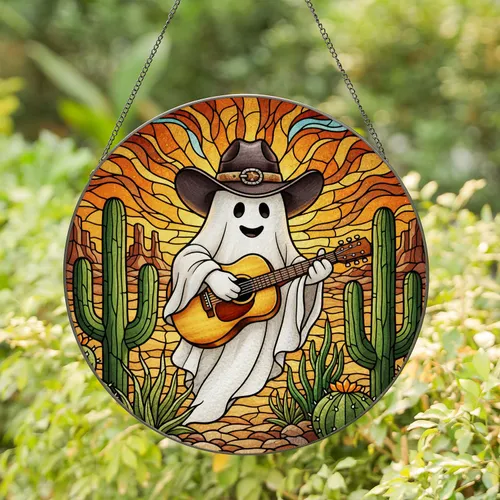 Colorful White Ghost Cowboy Hat Guitar Cacti Stained Glass Desert Mosaic Scene Stained Glass Suncatcher